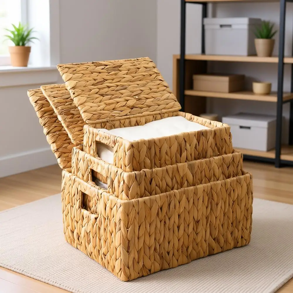 

Storage Baskets with Lid, Set of 3 Decorative Rectangle Wicker Storage Baskets, Large Rattan Storage Boxes