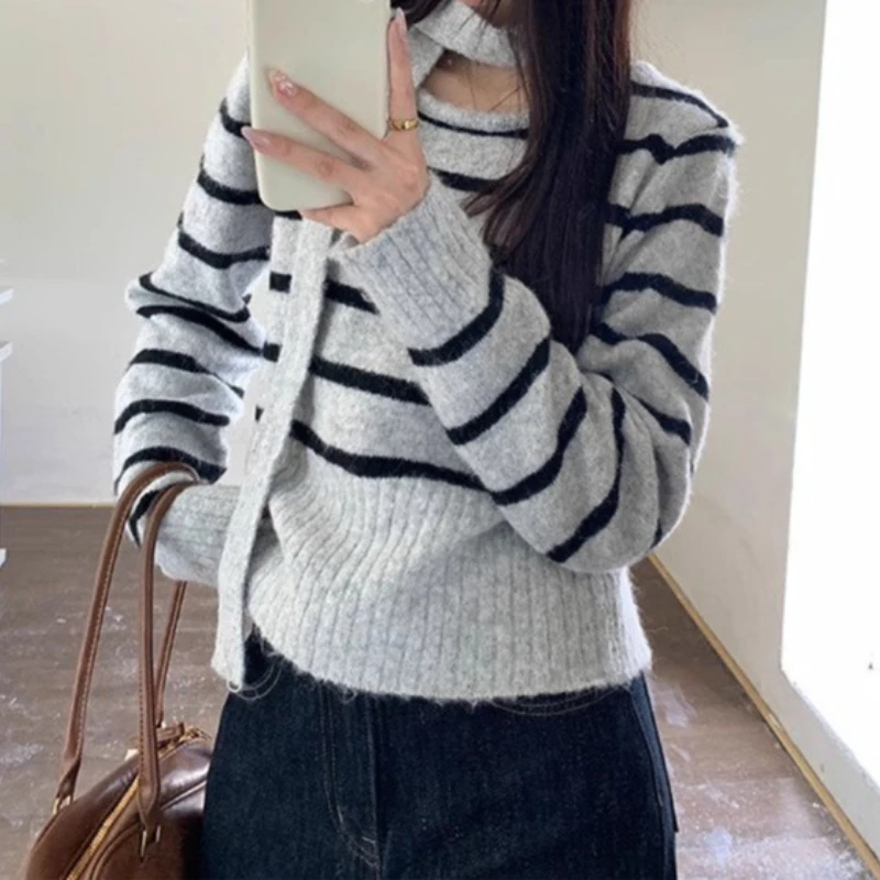 

Lazy Wind Sweater Women's Spring Retro Square Neck Striped Scarf Sweater Short Slim Design Bottoming Top