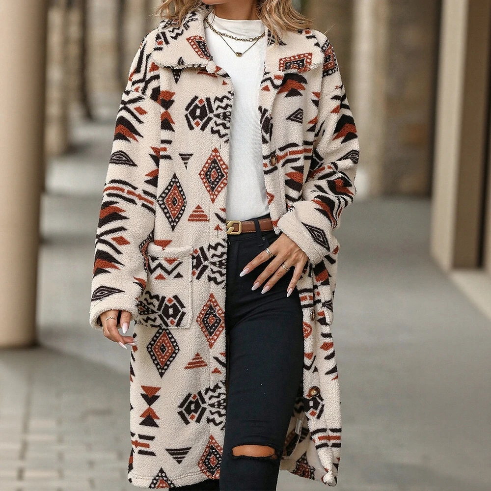 

Women's Long Coat Autumn Winter Comfortable Fashion Graphic Print Fluff Single Breasted Lapel Casual Outerwear