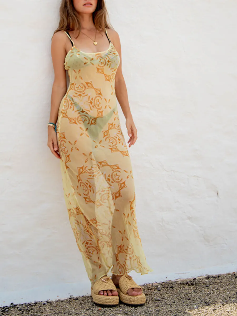 

Women Mesh Boho Beach Sundress Spaghetti Straps Graphic Print Summer Sheer Dress Long Dress for Club Party