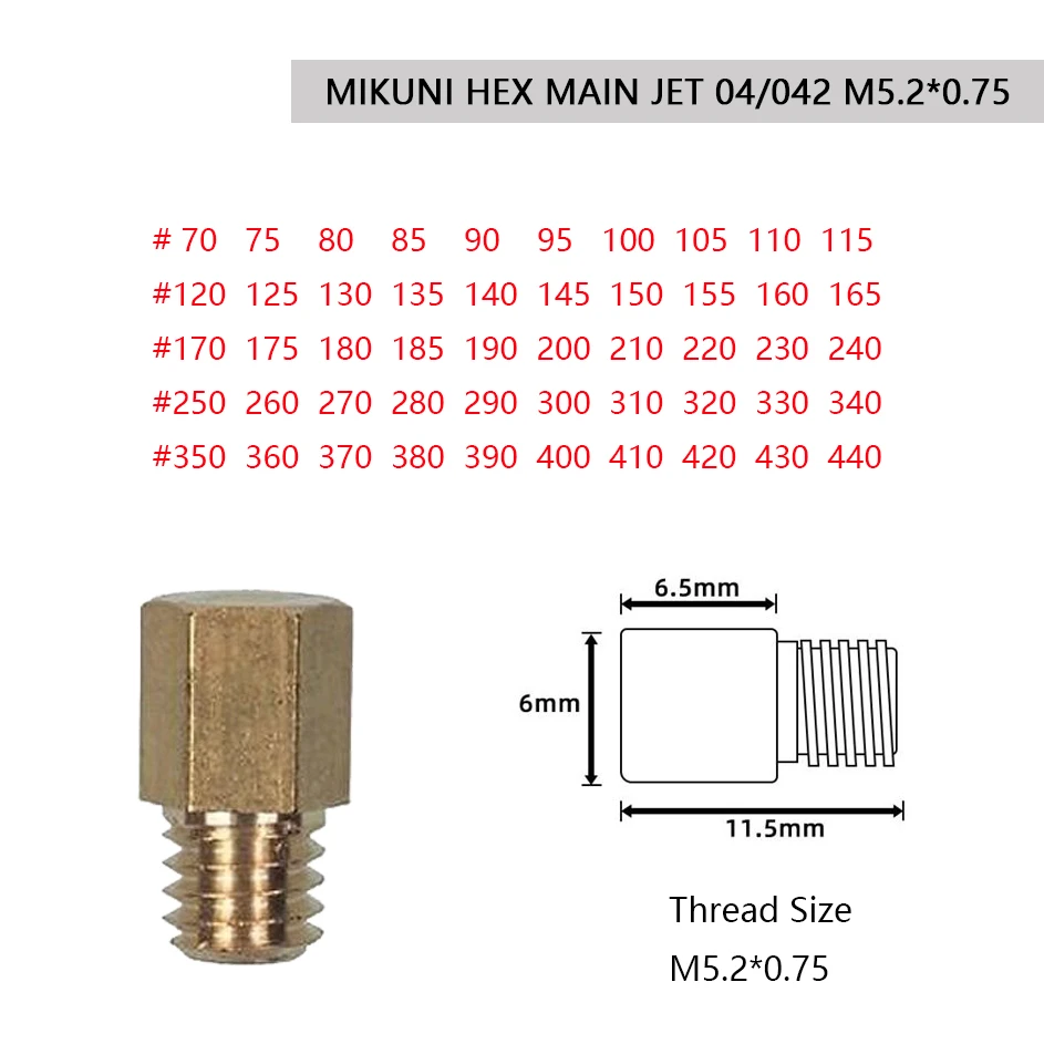 Main Jets for MIKUNI VM TM TMX Carburetor 4/042 Motorcycle Scooter Injectors Nozzle Size 70-440 Pocket Tuner Large Hex Type