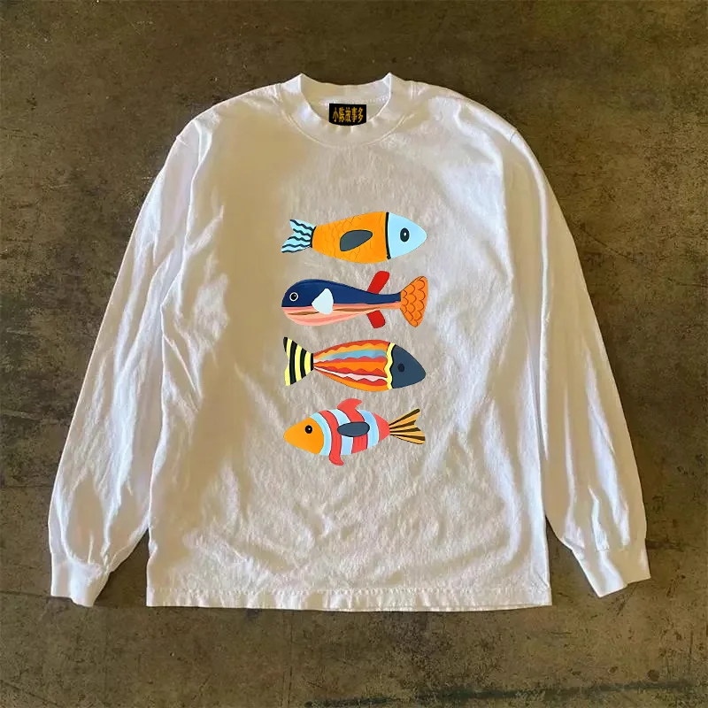 Heavyweight Pure Cotton Long Sleeve T-Shirt Unisex Vintage Style Streetwear Versatile 310gmao Xiaocheng Story Multi-Design