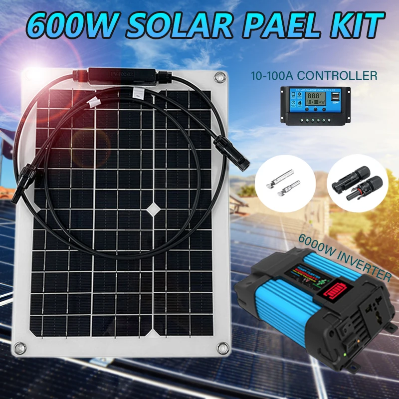 6000W 12V to 220V Solar Power System 600W Solar Panel 10-100A Charge Controller Complete Power Generation Kit Home Grid Camp