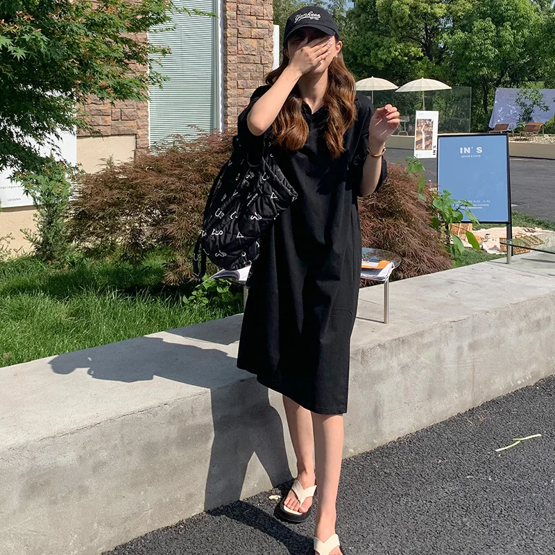   Kragen Casual Loose ort Sve Dr Ele Lady Sle Print A-Line Sommer Dr Polyesterfaser Mid-Slee Midi Dr