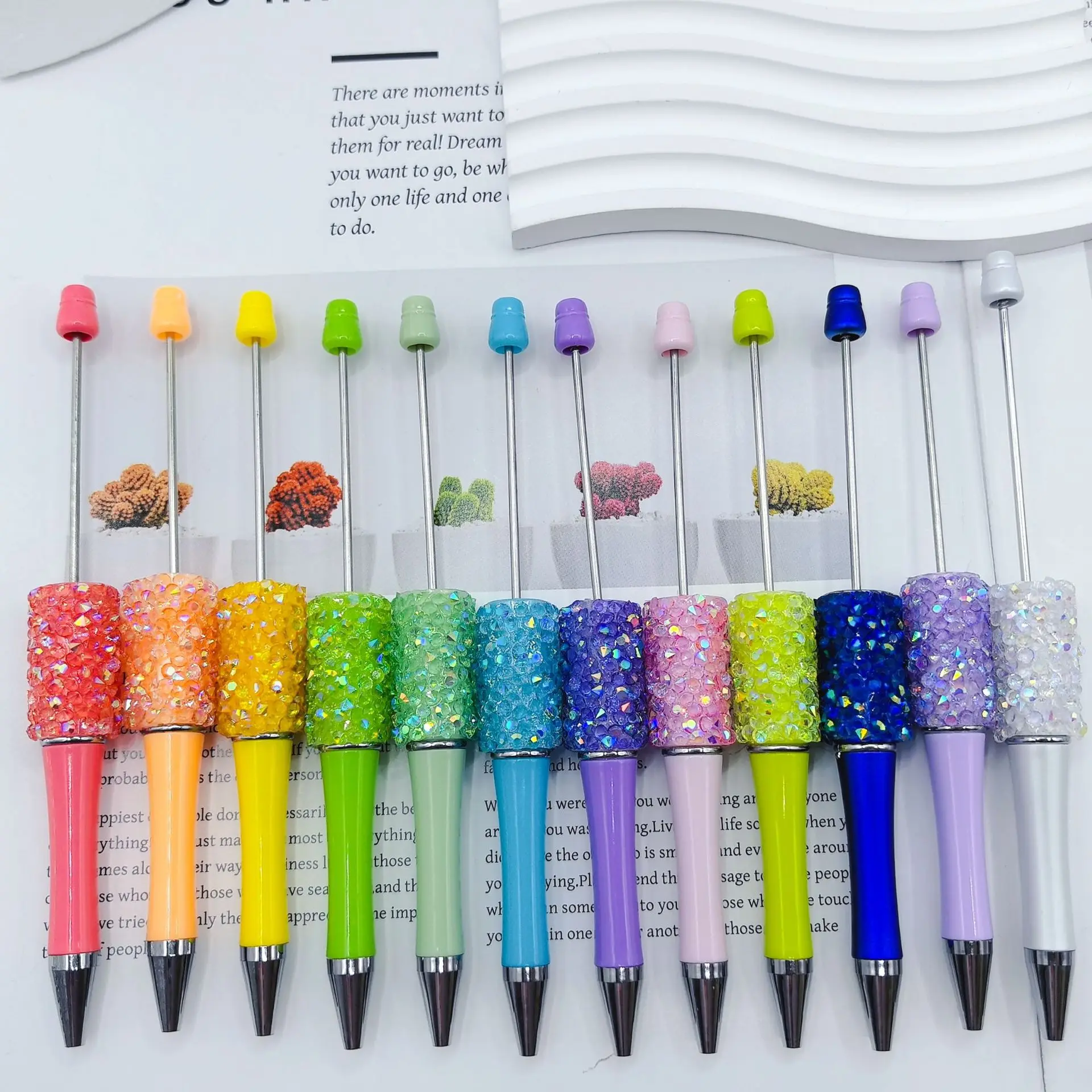 

50Pcs DIY Sparkling Star Diamond Beaded Pen Macaron Creative Rhinestones Beadable Ballpoint Pen Rollerball Pen School Supplies