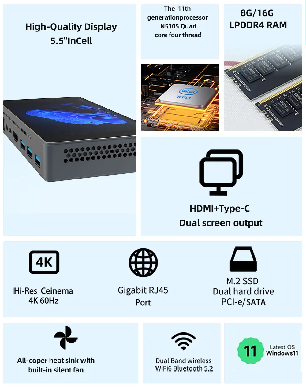 SZBOX JX2 Pocket Mini PC 5.5 بوصة تعمل باللمس الكمبيوتر اللوحي Windows 11 Celeron N5105 Wifi6 BT5.2 جيب ألعاب الكمبيوتر
