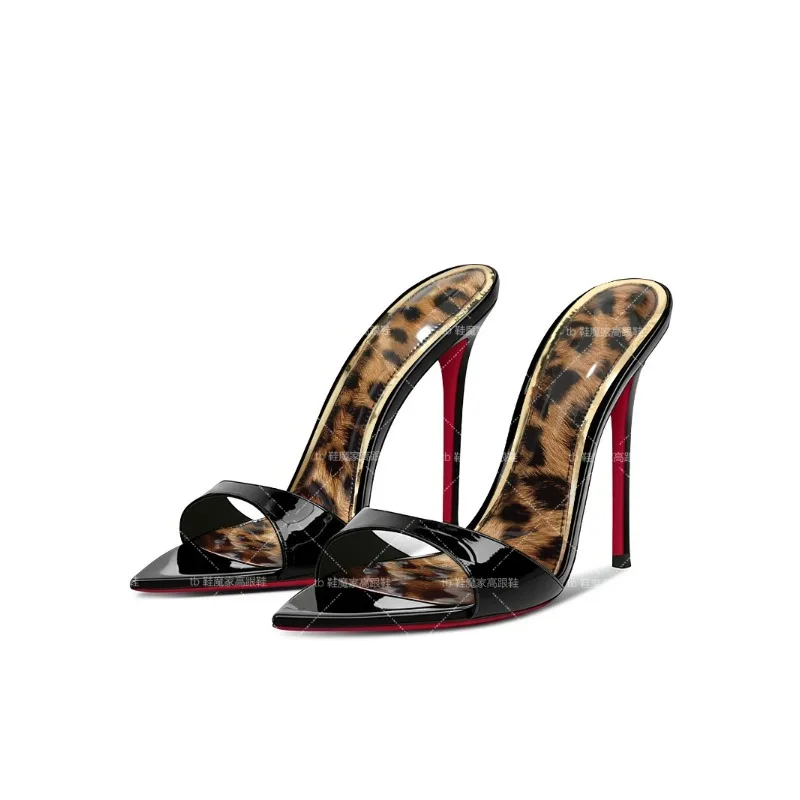 Summer New Leopard Print Pointed Semi Drag Minimalist High Heels for Women, Ultra-Fine Heel Slippers, Open Toed Sandals