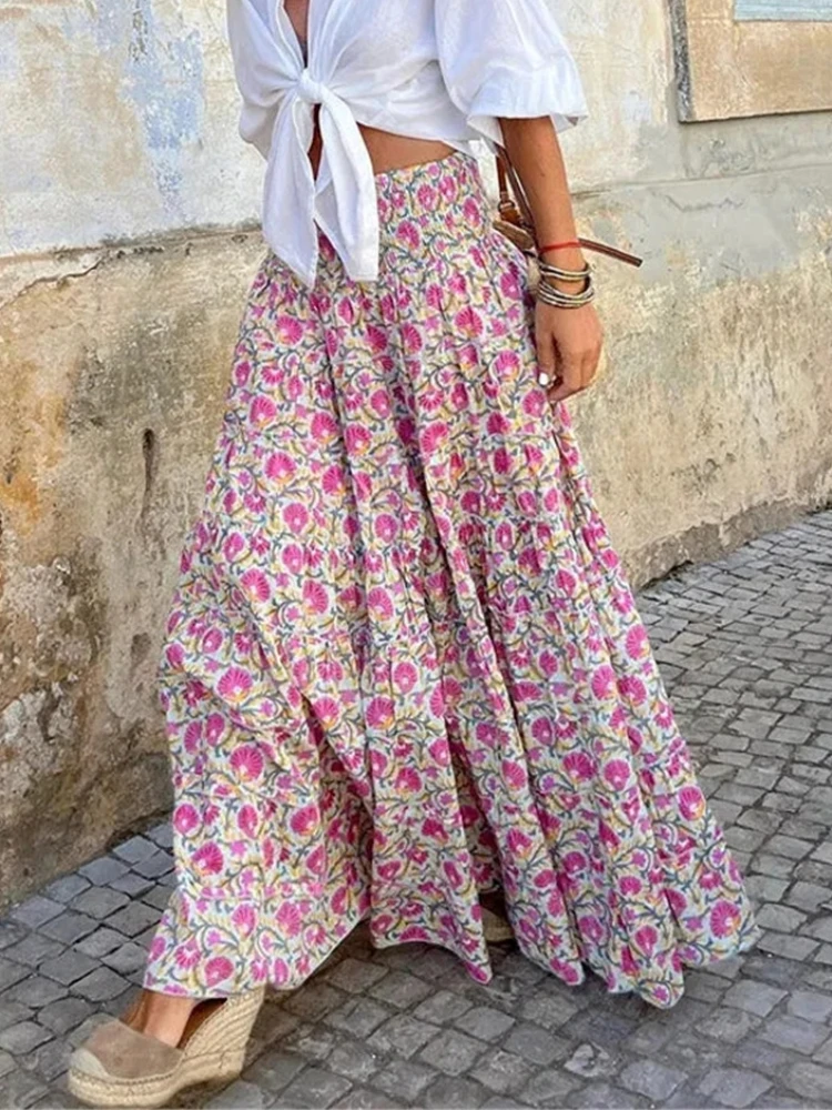 Saias longas com estampagem de cintura alta feminina, casual, solta, feriado, moda de rua, fundo feminino linha A, primavera, 2022