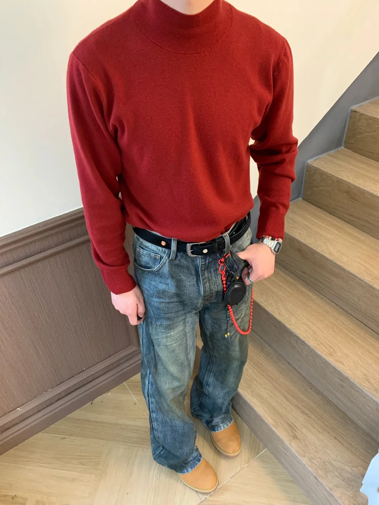 

Красный мужской свитер с высоким воротником, осенне-зимний, базовый, повседневный, с длинным рукавом, для ношения под одеждой