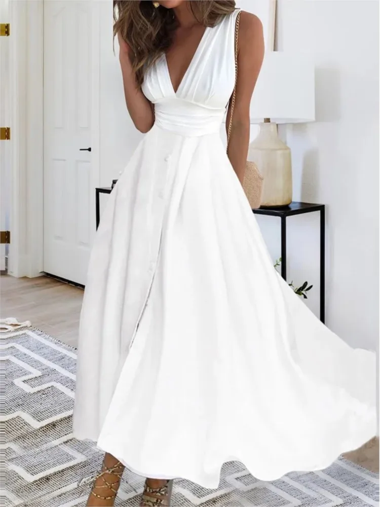

Fashion White Black Loose Dress For Women Sexy Deep V Neck Sleeveless High Waist Dresses Robe Femme Elegant Party Skirts Summer