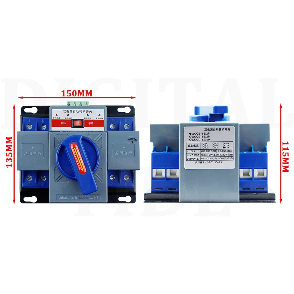 Dual Power Automatic Transfer Switch Dual Power Generator Changeover Switch 50HZ/60HZ (GCQ2-63/2P Blue)