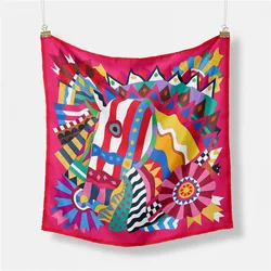 Twill Silk Scarf Woman Forest Animals Print Square Scarves Wraps Bandana Small Hijab Foulards Lady Tie Headband Neckerchief 53CM