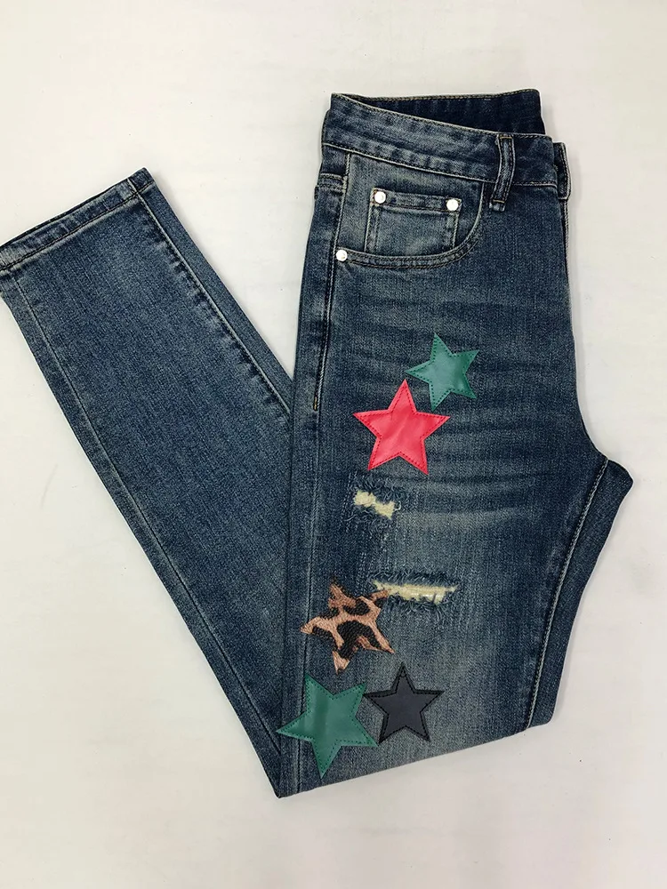 Fashionable star sticker printed jeans men's trendy brand slim fit small foot elastic distressed retro denim casual pants
