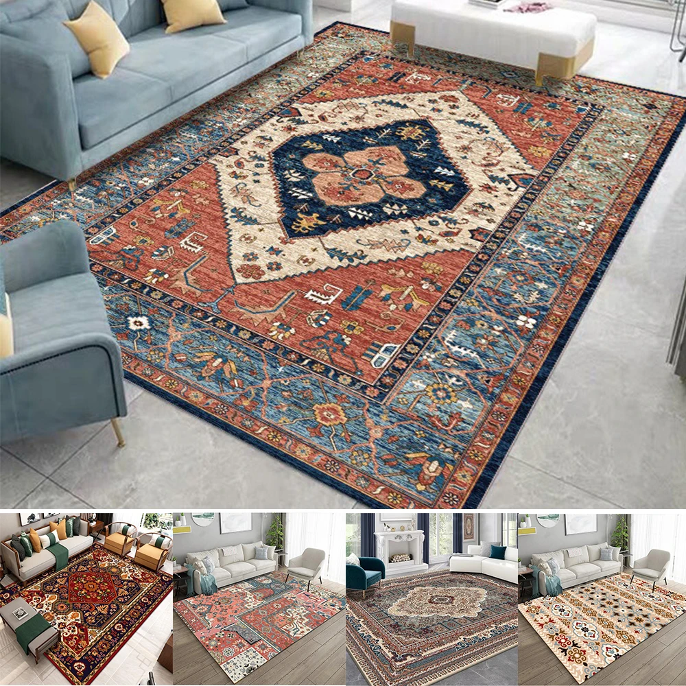 

1pc Retro Persian Carpet for Living Room Home Decor Luxury Rug for Bedroom Non Slip Washroom Floor Mat Hallway Entrance Doormats