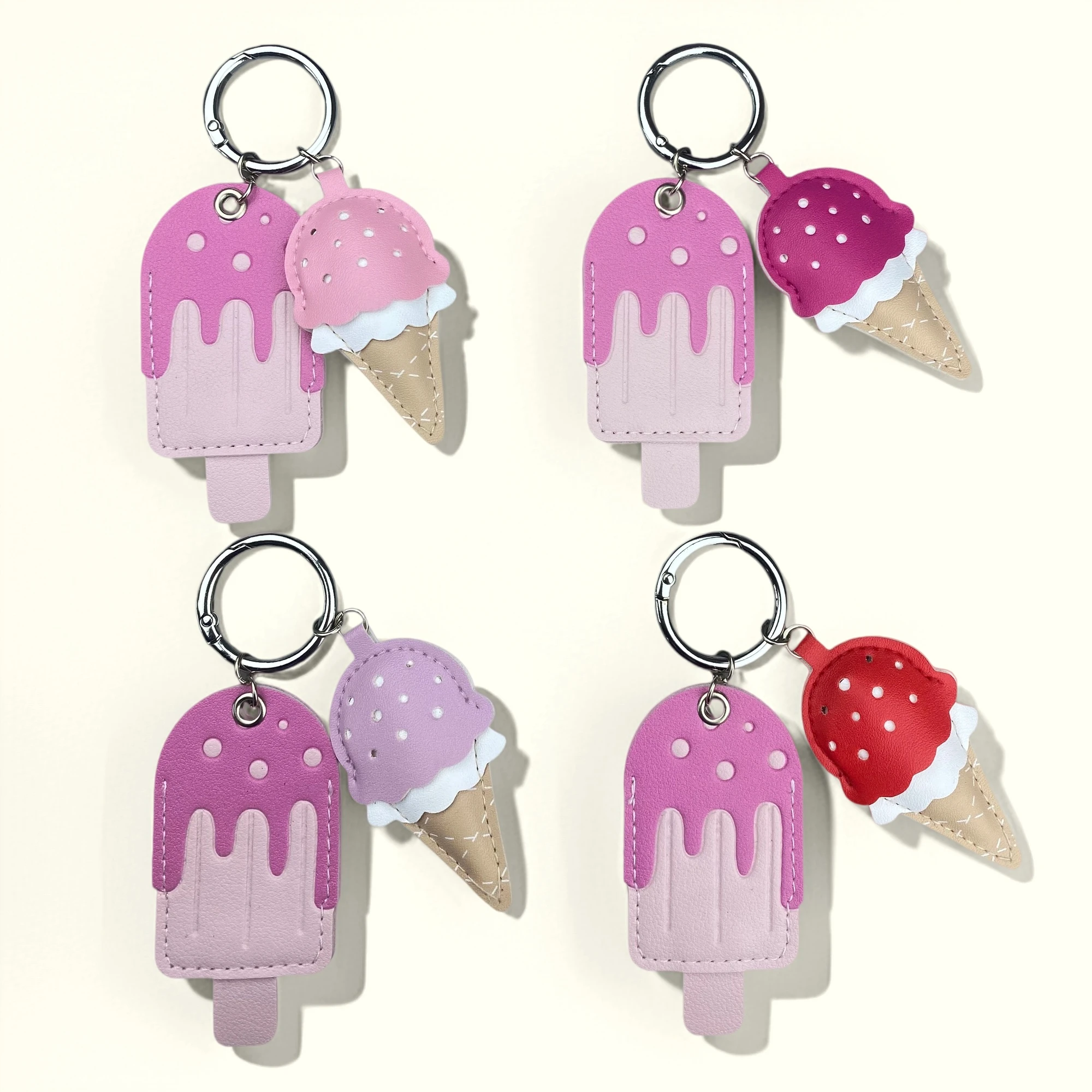 Pink PU Leather Popsicle And Mini Ice Cream Charm Keychain Set Cute Food Dessert Keyring Bag Pendant Sweet Holiday Gift