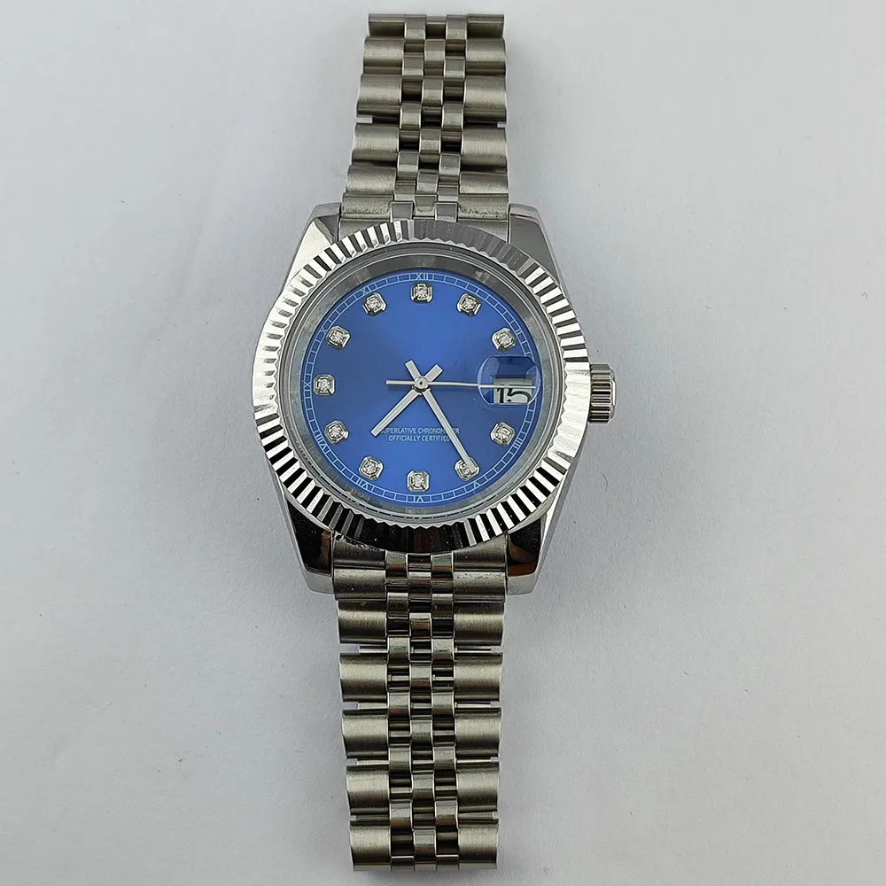 NH35-Uhr S-Zifferblatt 36 mm/39 mm NH35-Zifferblatt, geeignet für NH35 NH36-Uhrwerk, Saphirglas, eingelegtes Diamant-Zifferblatt für Herren