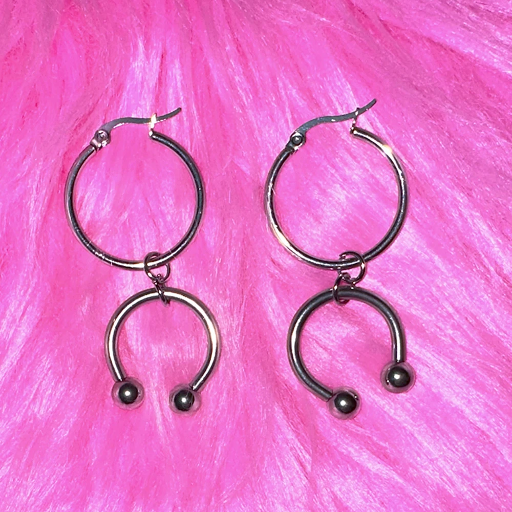 Grunge Aesthetic Stainless Steel U-shaped Horseshoe Hoop Earrings Y2K Nore Clip Charms Drop Earrings Punk Gothic Jewelry