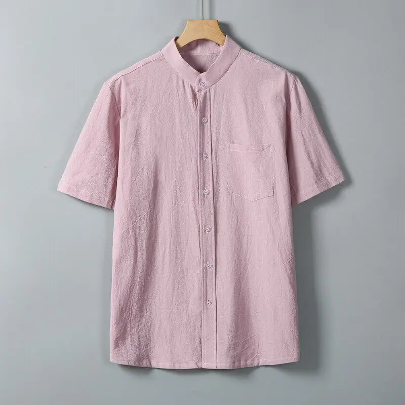 

Men's Summer Stand Collar Solid Color Short Sleeve Shirt - Lightweight Breathable Button Down Casual Shirt with Chest Pocket 5XL