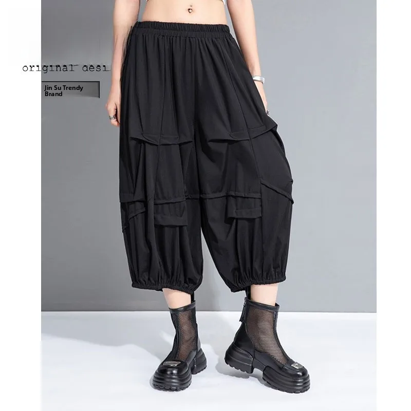 

Loose Casual Pants for Women Summer Large Size Baggy Lazy Style Pleated Old Dad Lantern Wide Leg Pants High Waist Seven Length