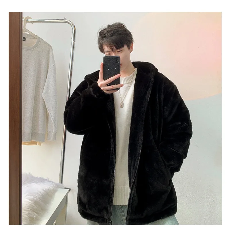 2025 New Winter Faux Lamb Wool Hoodie Jacket for Men Korean Fashion Harajuku Warm Zip Up Hoodie Streetwear Men Clothing Y2k