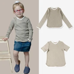 3Y-14Y Boy Girls Long/short Sleeve V-Neck T-Shirt Cotton Ribbed Tee Tops Toddler Kids Shirts Family Matching Clothes