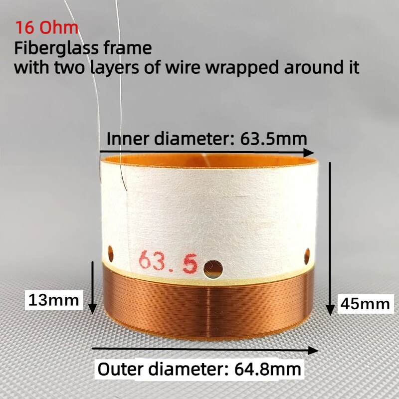 1PCS 63.5mm Voice Coil 2-Layer 16Ω Round Copper Wire Bass Speaker Part Fiberglass Former