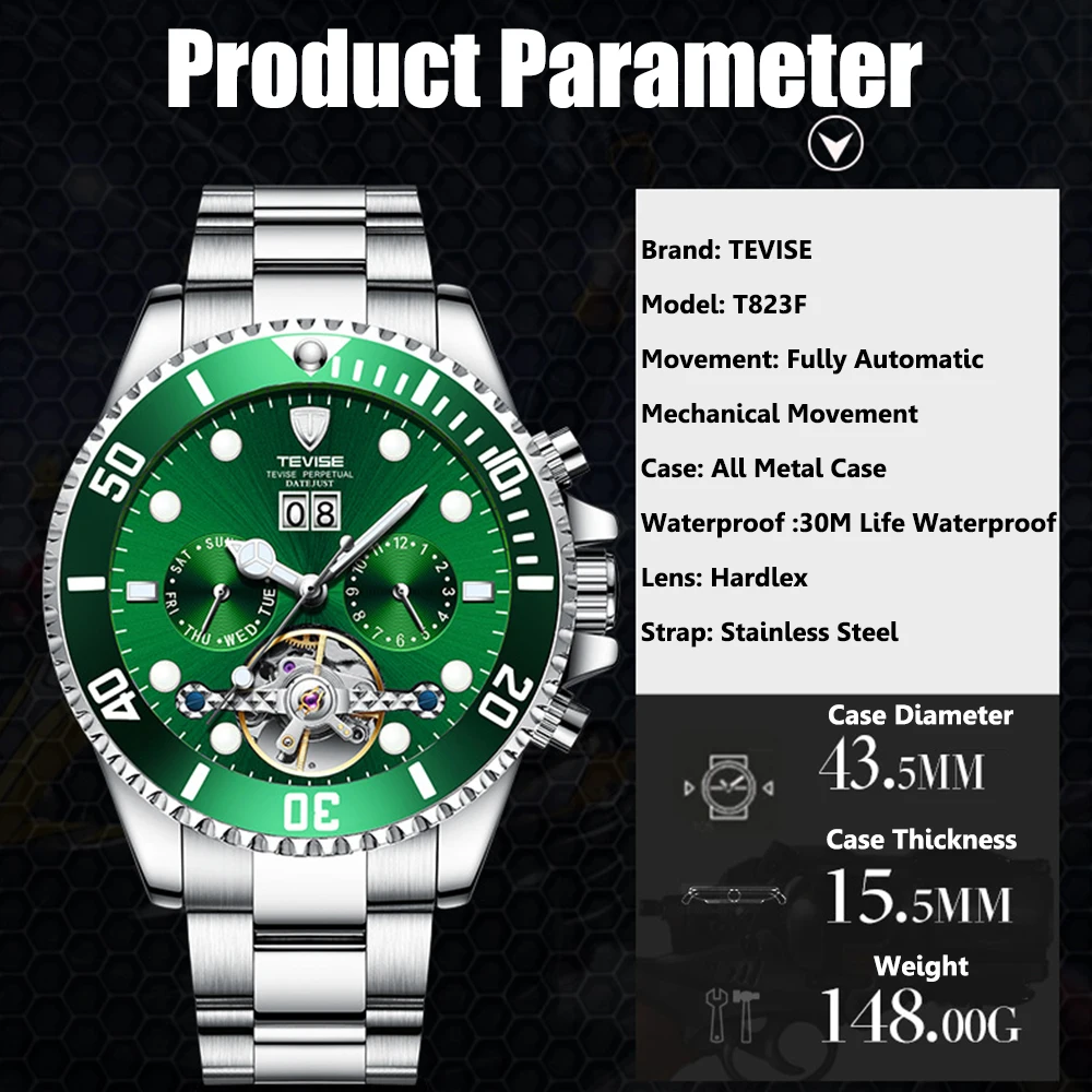 Brand Men Automatic Mechanical Wristwatch Tourbillon Stainless Steel Strap Watch 3ATM Luminous Luxury Business Mechanical Watch