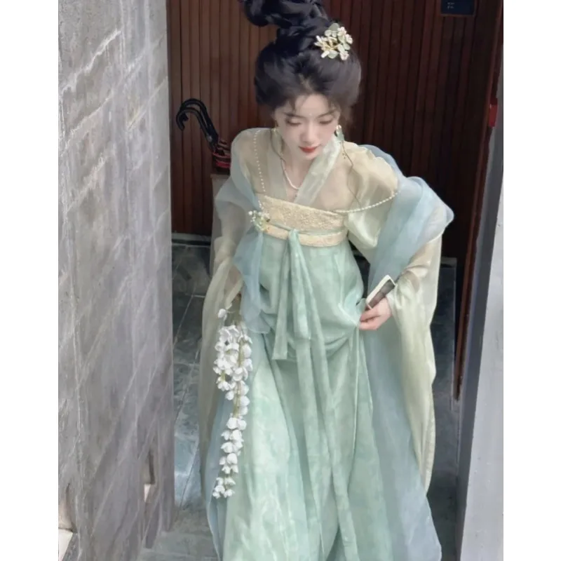 

Женский комплект Ханьфу в стиле Тан: топ с передней застежкой и юбка-руцюнь с высокой талией, летний наряд для взрослых