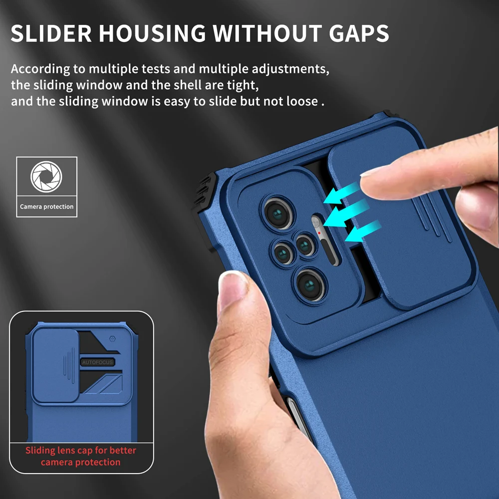 KEYSION Shockproof Case for Redmi Note 10 Pro 10S 9 8 Push Pull Camera Protection Live Stand Phone Cover for Redmi 10 C 9A 9C 9T