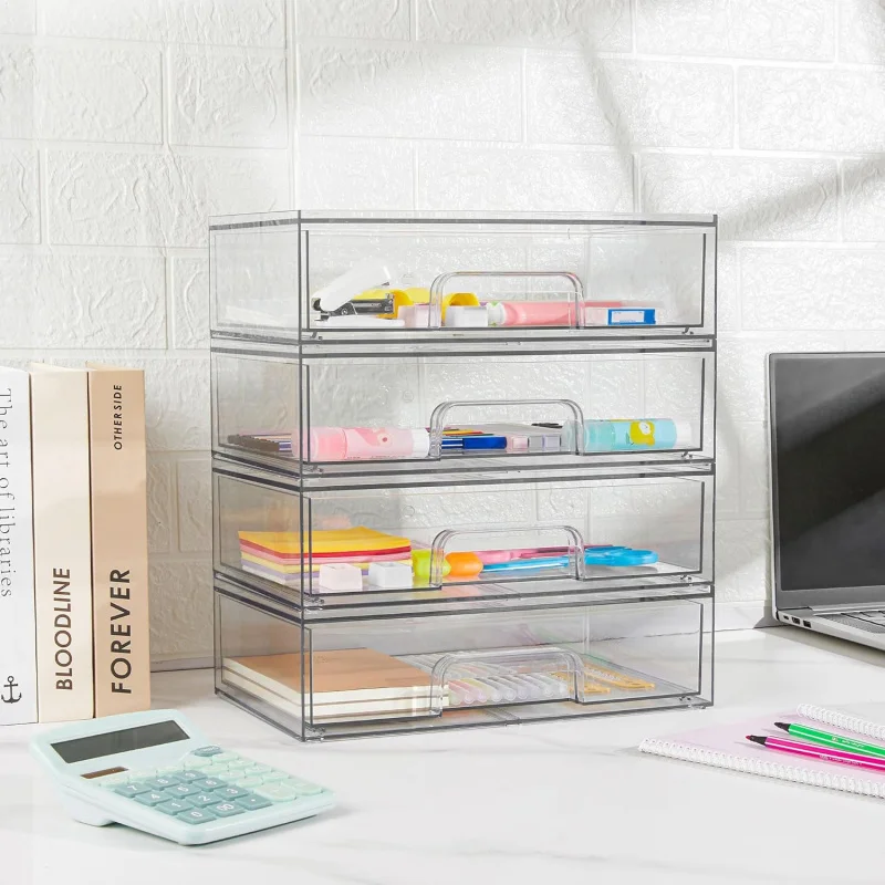 

2 Pack Clear Acrylic Stackable Drawers 12.1" Makeup Organizer with Handles for Vanity Bathroom Cabinet Desk Cosmetics Storage