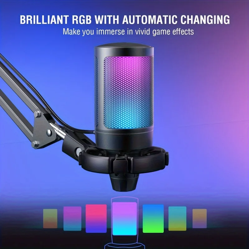 لعبة ComputerUSBMicrophone، ميكروفون مكثف بودكاست مع حامل للذراع، غطاء سبيت، زر صامت، ليف مناسب