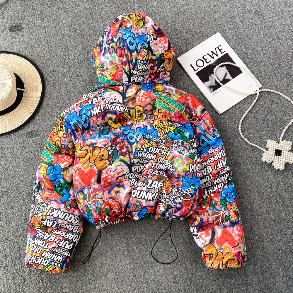 Winter Harajuku Rainbow Graffiti Printed Bomber Coat Thickened Cotton Padded Jacket Zipper Parka Cardigan Hooded Streetwear Tops