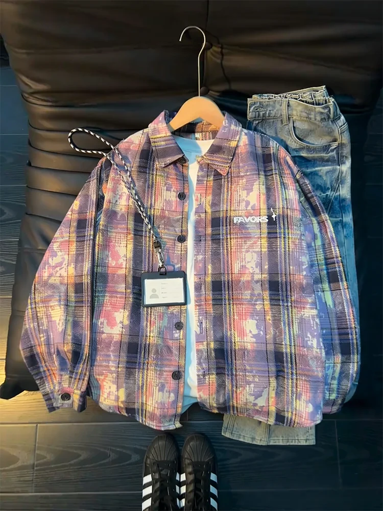 

Purple Dyed Plaid Long Sve irt Thin Sun Protection Men Women Spring Summer Casual Sle High Street Couple Outerwear