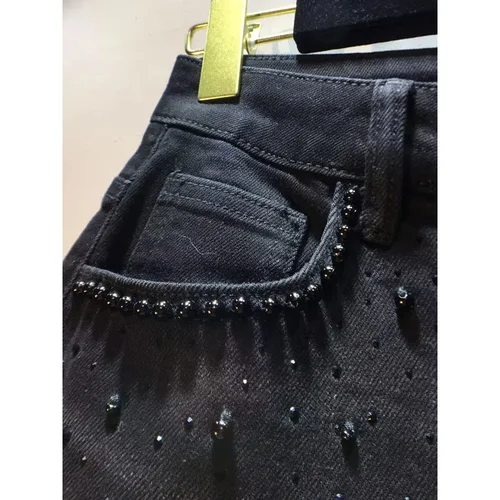 Imagen 2 del producto Nuevo verano Denim Patchwork gancho flor encaje hueco pierna recta pantalones de pierna ancha Casual cintura alta bordado pesado Rhinestone