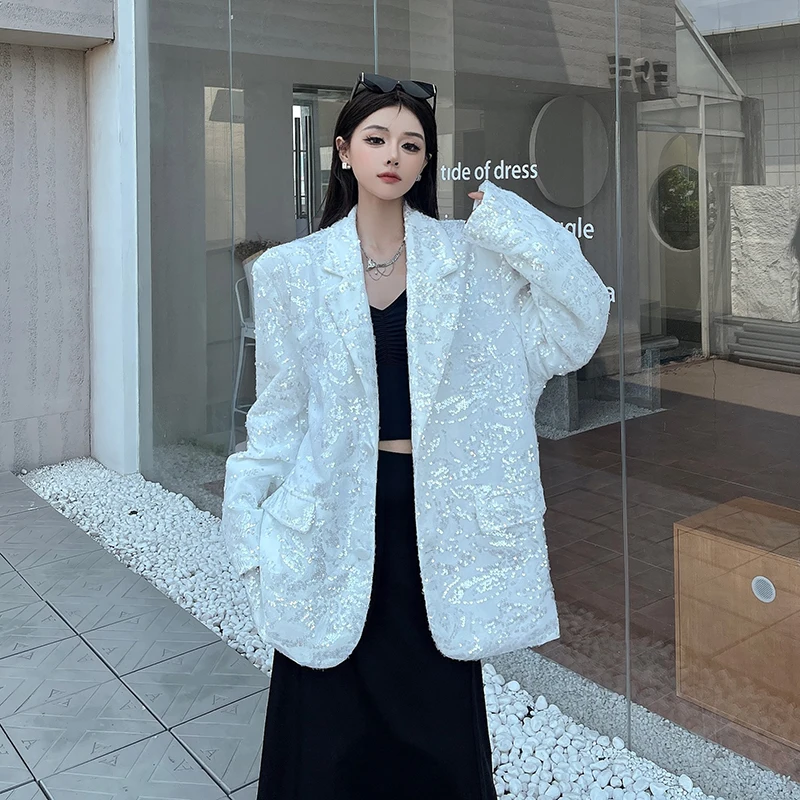 SuperAen Künstlerische Pailletten Kerb Anzüge für Frauen Design Herbst Neue Lange ärmeln Druck Oversize Lose Blazer