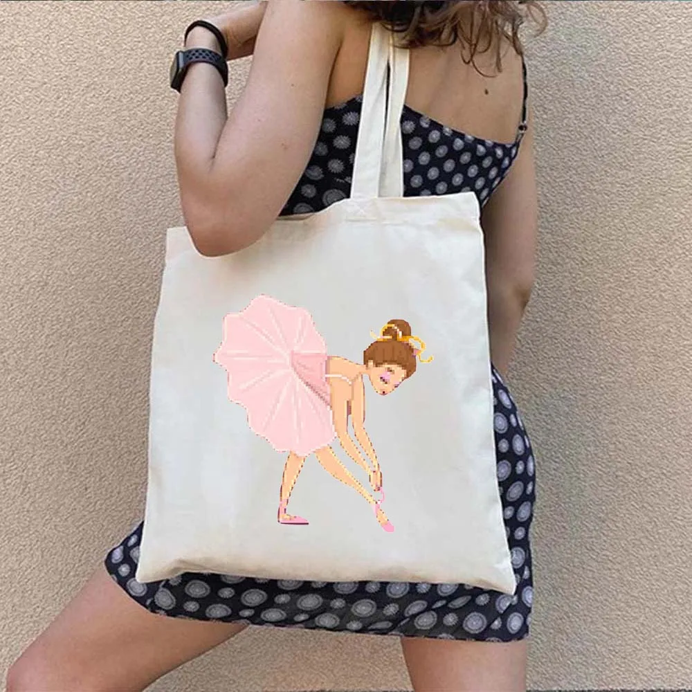 Ballerina Girl Silhouette Hearts Love Dance Ballet Dancer Gymnastics Shopper Harajuku Canvas Totes Bags Cotton Shopping Handbags