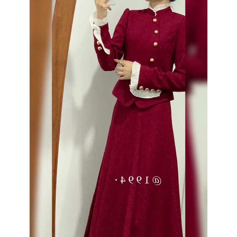 Lnsozkdg-2-Piece conjunto de jaqueta de manga folhada e saia plissada, moda coreana, vermelho, elegante, celebridade, ano novo, primavera, outono, 2024