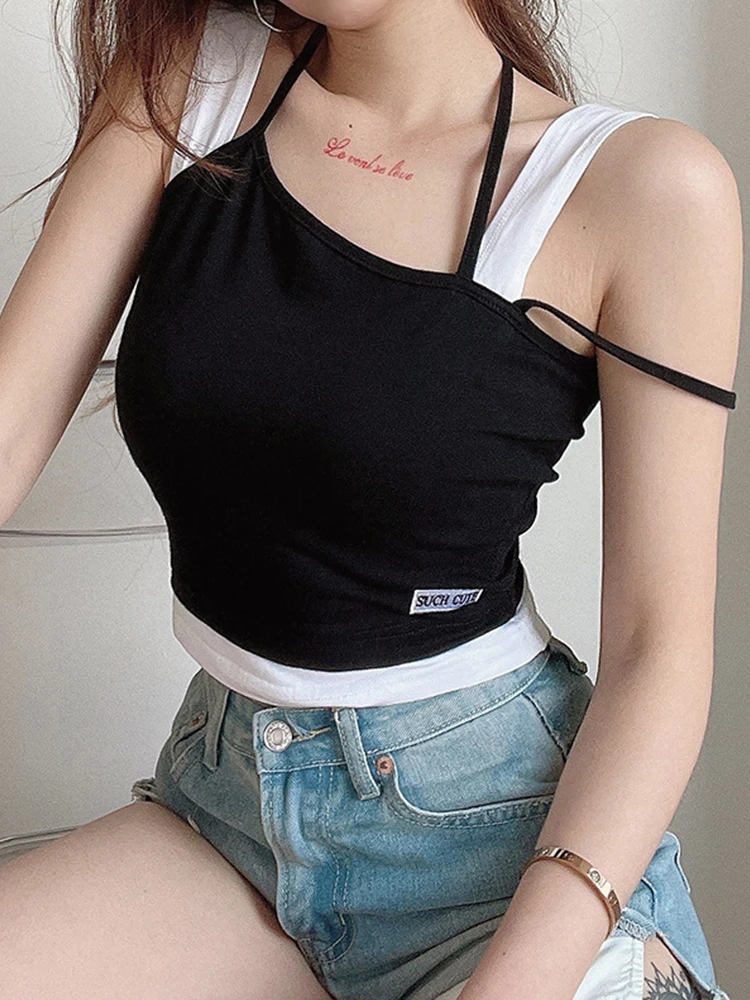 Women Hollow Out Black Y2K Tees Sleeveless Skinny Tops Cool Punk T-shirts Techwear 2023 Spring Summer New Sexy Crop Top