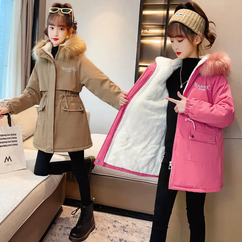 New Winter Down Cotton Jacket Girls Glossy Fur Collar Hooded Coat Children Outerwear Clothing Teenage 5-14Y Kids Parka Snowsuit