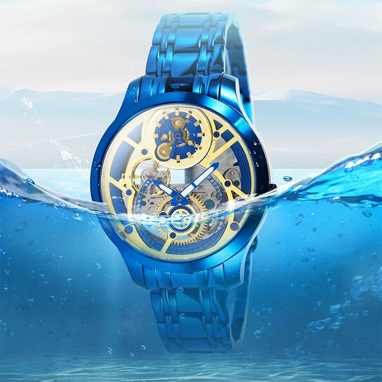 Blue Stainless Steel Hollow Mechanical Watch 50M Waterproof Dual Movement Customized Watch Luminous Function Men's Watch