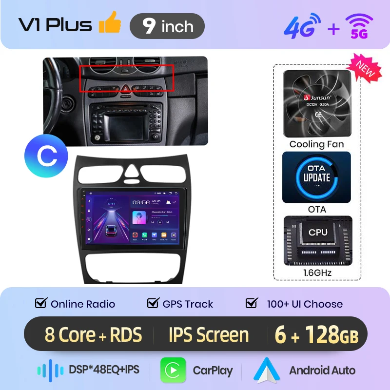 Junsun Android Auto autoradio voor Benz C-Klasse W203 C200 C320 C350 CLK W209 2000-2005 Multimedia draadloze Apple CarPlay slimme intelligente systemen IPS touchscreen stereo videospeler 2 Din