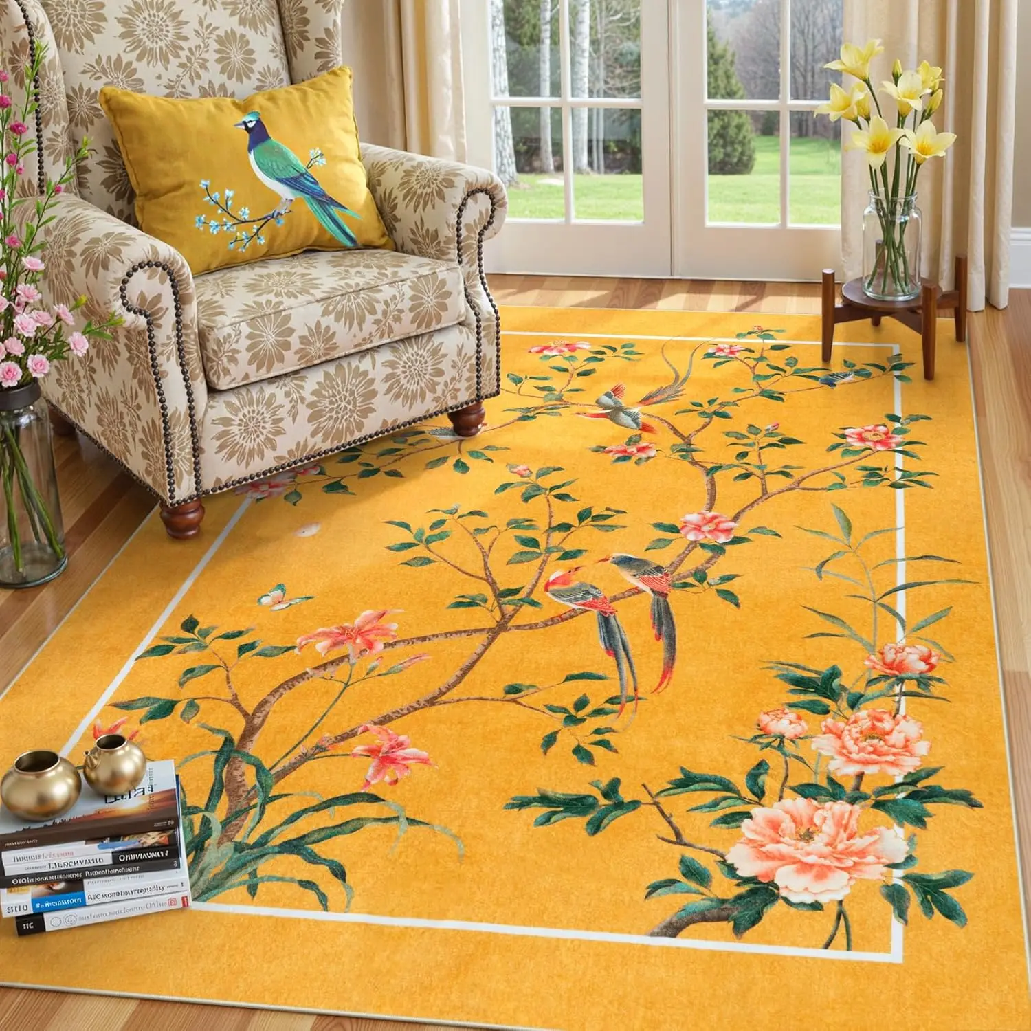 

Rugs for Living Room Floral Birds, Non Slip Soft Low Pile Traditional Oriental Vintage Botanical Nature Rugs for Bedroom,