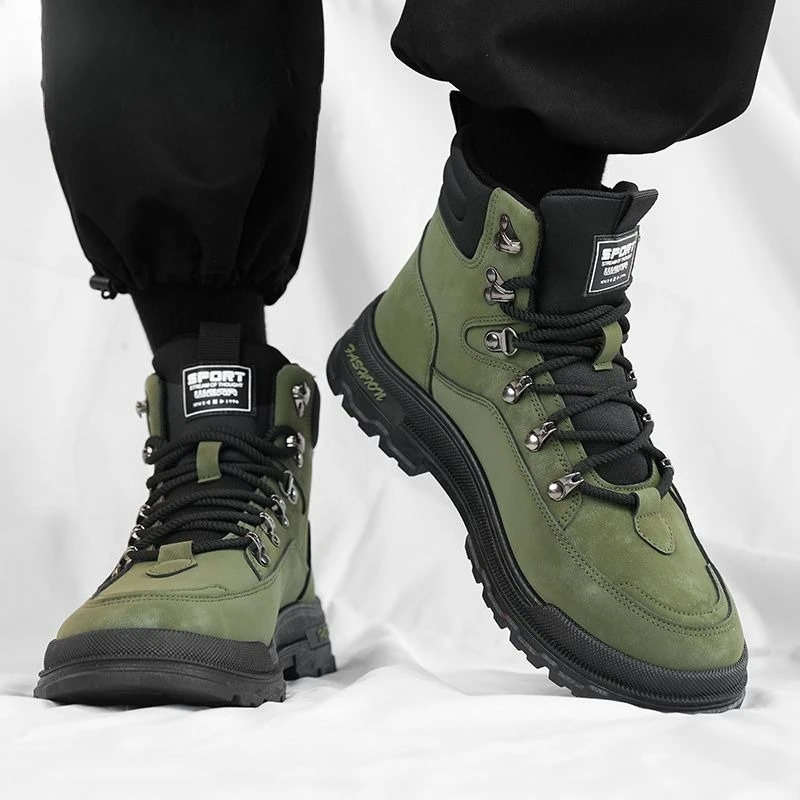 

Мужские высокие берцы, новинка 2025, нескользящие рабочие ботинки, увеличивающие рост, устойчивые к пятнам мотоциклетные модные модные ботинки на шнуровке, уличная мода