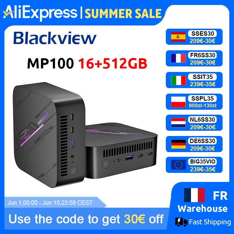 Mini PC Blackview MP100 NOUVEAU, AMD Ryzen 5 7430U, Windows 11, 6 cœurs, 12 threads, 16 Go de DDR4, 512 Go de SSD, WiFi 6, Mini ordinateur PC BT5.2