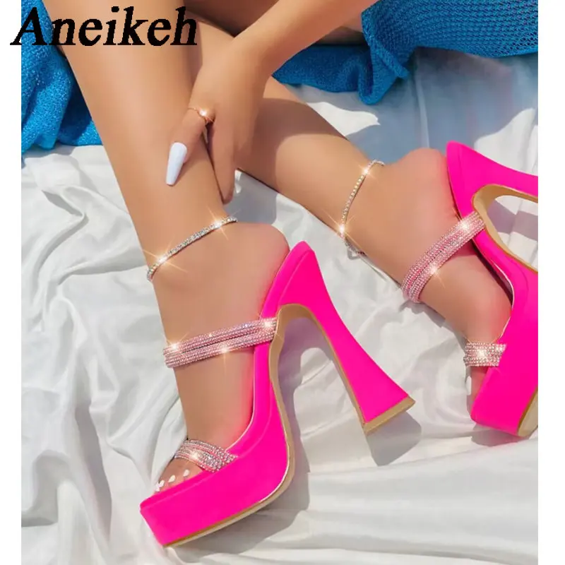 Aneikeh 2024 Sexy Steel Pipe Dance Shoes Crystal Square Head Open Toe Platform Super High Heels Mature Women Party Dress Zapatos