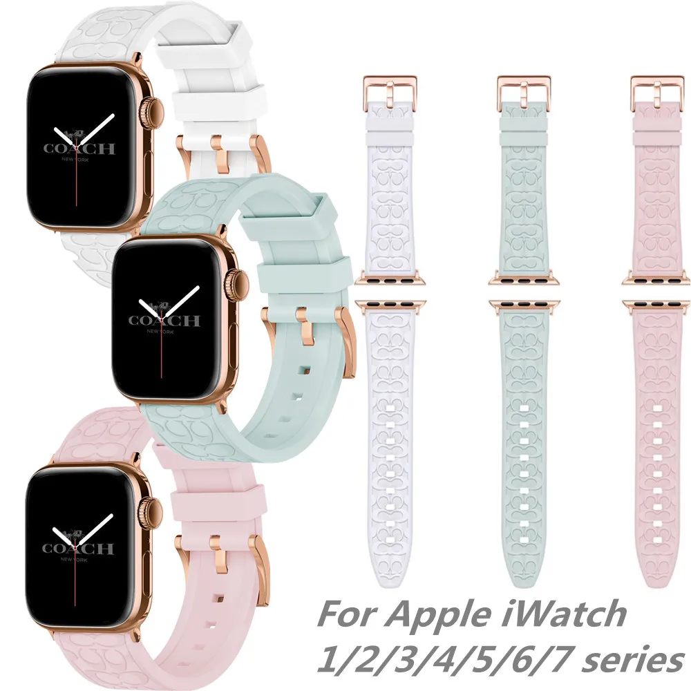 For Apple Watch Strap IWatch Series 7 6 band, Embossed Silicone Strap with metal buckle Series 7 Iwatch Strap Ladies Women