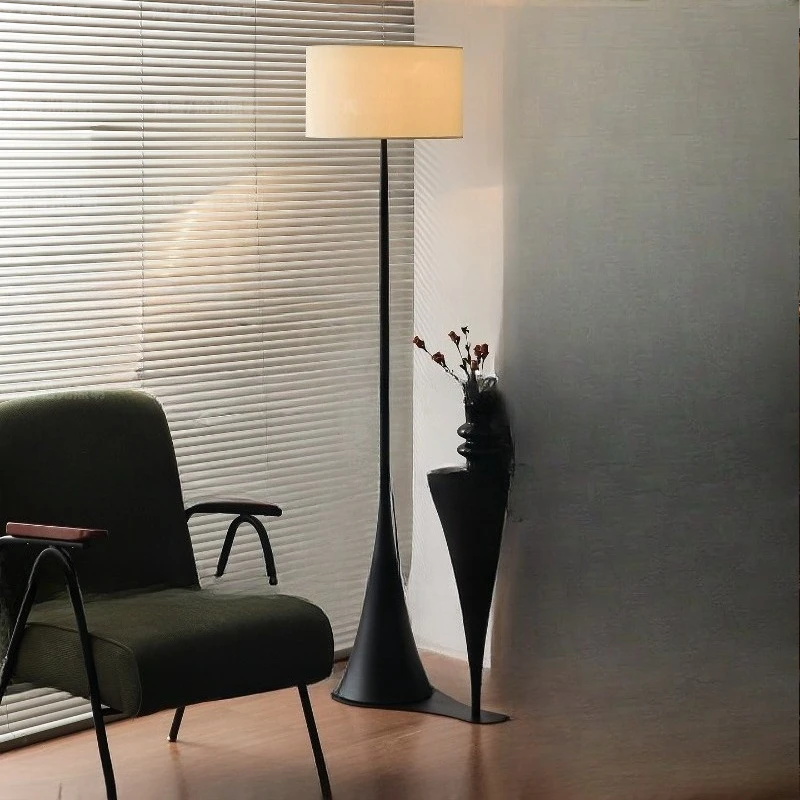 

High-end designer floor lamp, living room next to the sofa, medieval style with coffee table and shelf, integrated vertical tabl