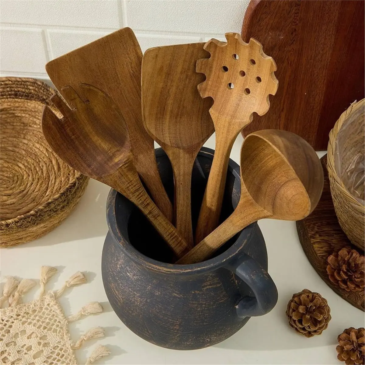 Rustic Kitchen Utensil Holder - 7.6 Inch Ceramic Utensil Crock for Countertop, Vintage Kitchen Counter Decor