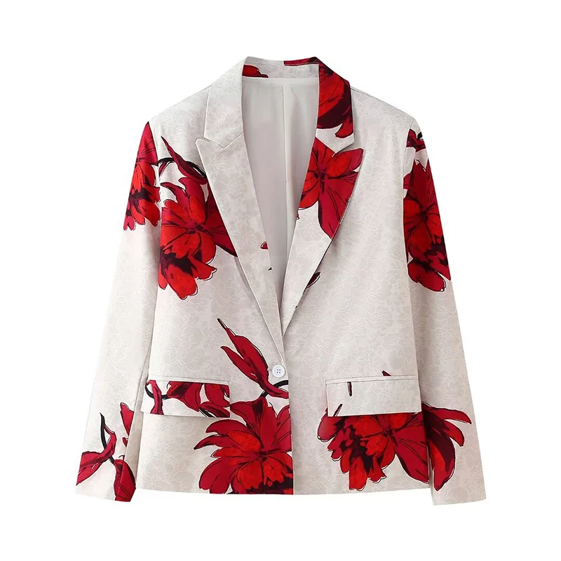 YENKYE Autumn Women Floral Print Satin Blazer Coat Long Sleeve Single Button With Pockets Outerwear Female Office Casual Outfits