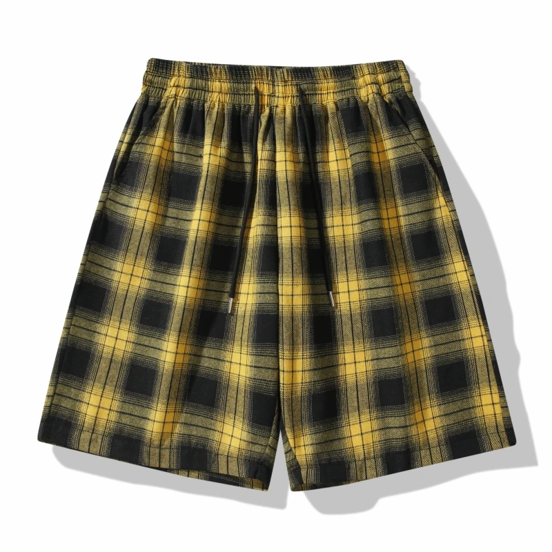 Men's Casual Plaid Shorts Summer Black Yellow Tartan Bermuda Shorts Pockets Gingham Knee Length Walking Lightweight Streetwear